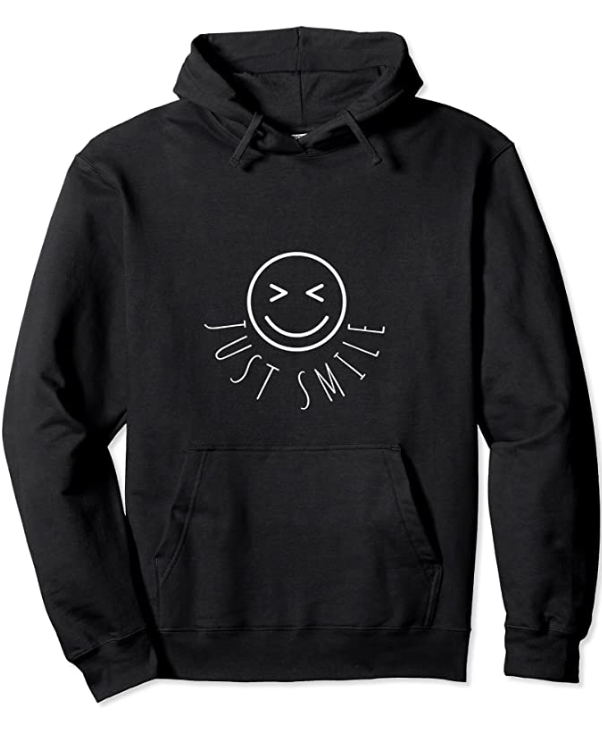 Picture of black hoodie with the just smile logo