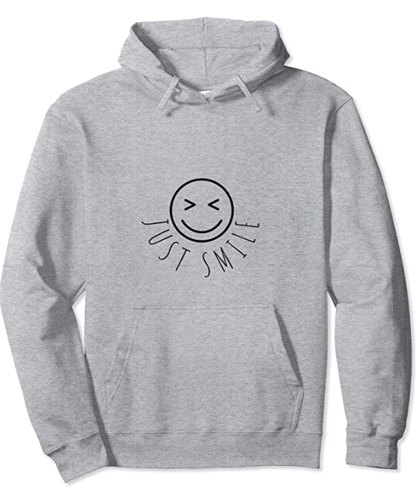 Grey hoodie with the just smile logo