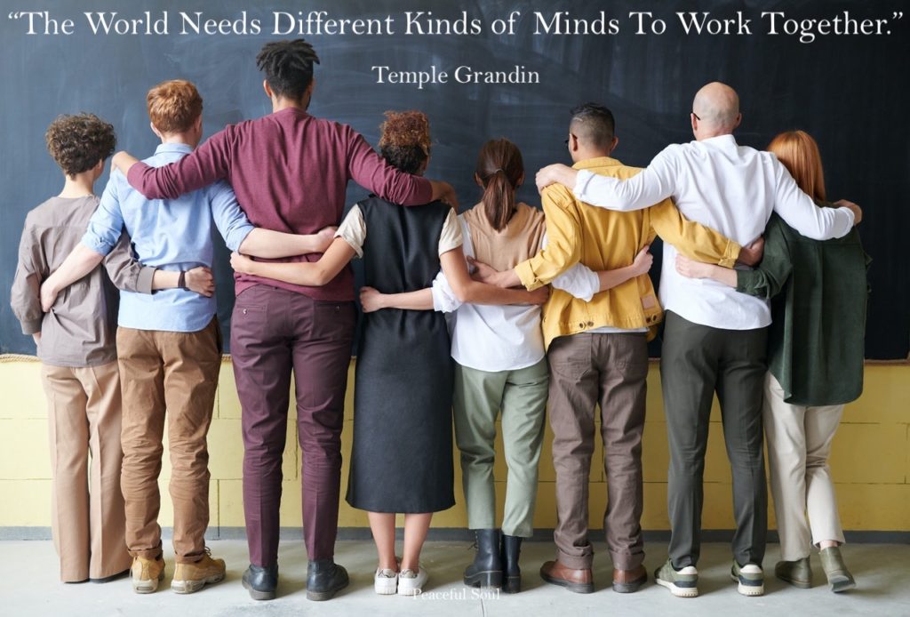 A group of different types of people standing in front of a blackboard“ - Quote: The World Needs Different Kinds of Minds To Work Together.” Temple Grandin - Inspirational Quotes About The Mind