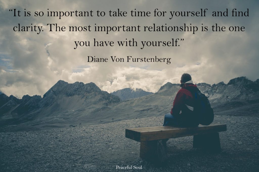Man sitting on a bench in front of mountains - “It is so important to take time for yourself and find clarity. The most important relationship is the one you have with yourself.” Diane Von Furstenberg - Love yourself quotes - quotes about love