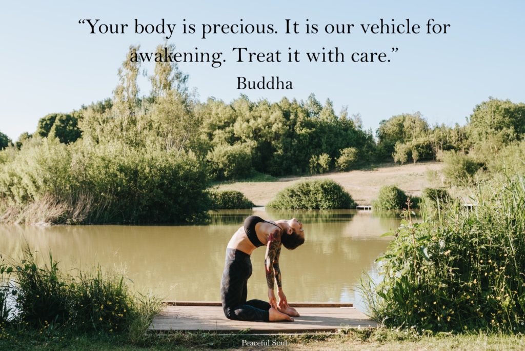 Woman practicing yoga by a lake - “Your body is precious. It is our vehicle for awakening. Treat it with care.” - Buddha - Inspirational Quotes about the body